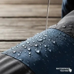 Close-up of water droplets beading on a waterproof insulated hiking jacket.