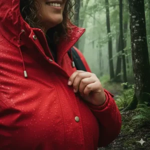 Detail of the sealed, waterproof zipper and storm placket of the durable plus size rain jacket.