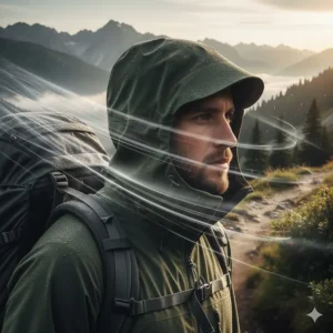 An illustration of a high collar and adjustable hood on a hard shell jacket designed to block heavy winds.