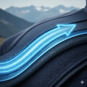 A diagram highlighting the wind-blocking membrane inside a high-performance men's hiking jacket.