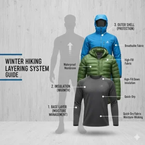 Infographic showing an insulated jacket as the outer layer in a winter hiking system.