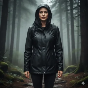 A hiker wearing a lightweight women's black rain jacket while walking through a misty forest trail.