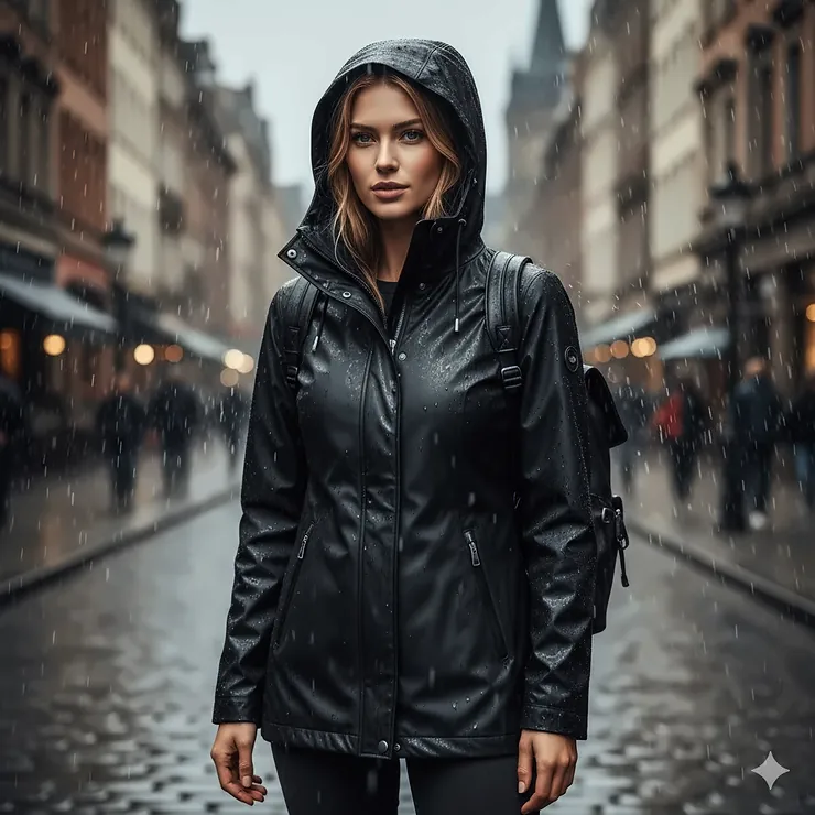 A stylish woman wearing a waterproof women's black rain jacket with an adjustable hood in a rainy urban setting.