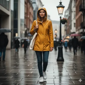 A woman in a casual city outfit wearing a lightweight hooded rain jacket for a daily commute.