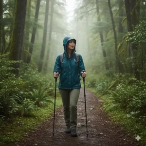 A female hiker wearing a breathable, lightweight rain jacket with a hood on a misty mountain trail.