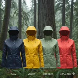 A lineup of a women's rain jacket with hood shown in various stylish colors like navy, yellow, and sage green.