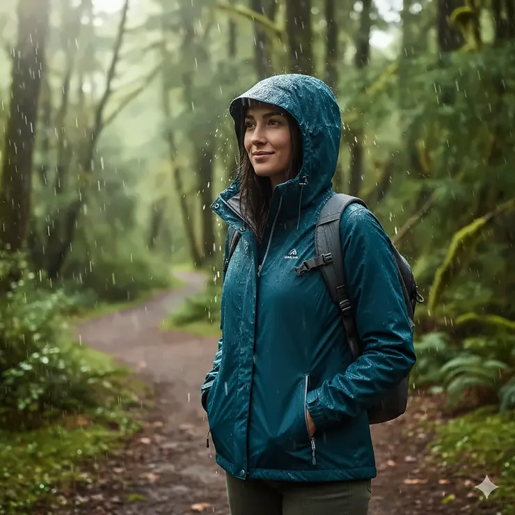 A woman wearing a lightweight rain jacket with an adjustable hood during a light rain shower. lightweight rain jacket with hood women's