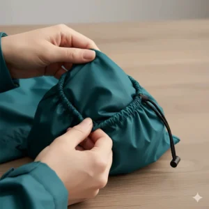 A women's waterproof rain jacket folded into its own integrated travel pouch for easy storage.