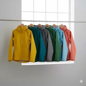 A row of women's waterproof packable rain jackets displayed in various vibrant colors like yellow, teal, and charcoal.