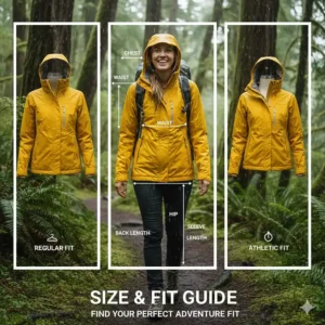 A size and fit guide illustration for a standard women's rain jacket with hood featuring measurement points.