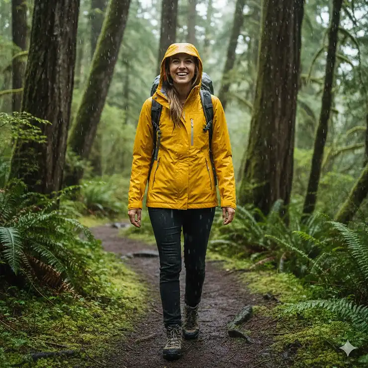 A woman wearing a waterproof women's rain jacket with a hood pulled up during a light rain shower in the mountains. women's rain jacket with hood