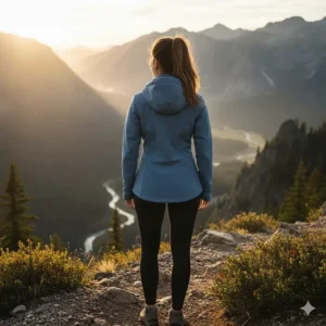 Back view of the fitted, athletic cut of the soft shell jacket womens style.