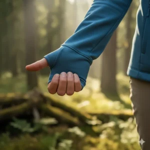 Detail of the extended sleeve cuffs on the women's soft shell jacket, including functional thumb holes.
