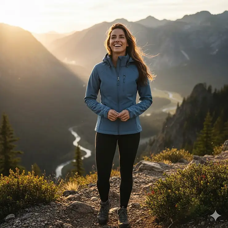 A stylish woman wearing a blue, lightweight soft shell jacket while hiking on a mountain trail, showcasing the jacket's fit and outdoor performance. soft shell jacket womens