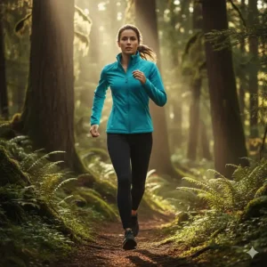 A woman running in the forest while wearing the windproof and flexible soft shell jacket, ideal for high-intensity activity.