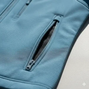 Detail of the secure, zippered hand pockets on the front of the women's soft shell jacket.