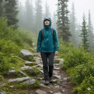 A female hiker wearing a lightweight packable rain jacket while walking on a misty mountain trail.