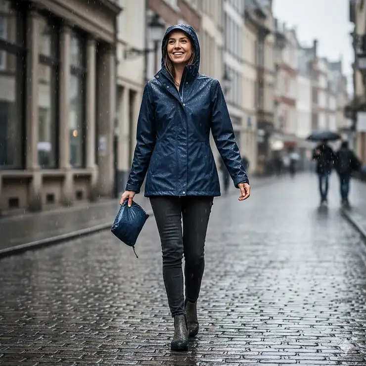A woman wearing a stylish navy blue women's waterproof packable rain jacket with the hood up during a light rain shower.