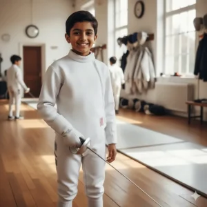 A young beginner fencer proudly wearing their new, well-fitting fencing jacket and holding an epee.