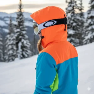 An adjustable hood on a youth snowboard jacket pulled up over a snowboard helmet, illustrating its compatibility and coverage.