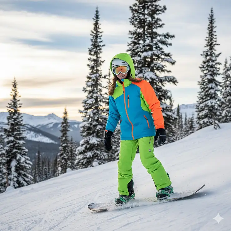 A smiling teenage girl wearing a vibrant, waterproof youth snowboard jacket on a snowy mountain slope, highlighting its design and fit.