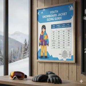 An illustration of the official sizing guide and measurements for selecting the perfect fitting youth snowboard jacket.