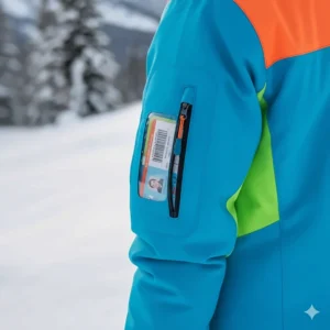 Image showing the zippered sleeve pocket, perfect for holding a ski pass, on this functional youth snowboard jacket.