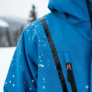 Close-up of the waterproof fabric and taped seams on a high-quality youth snowboard jacket, showing the technical protection.