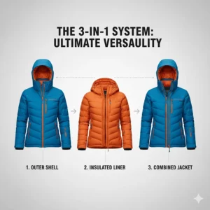 A detailed diagram showing the three-way layering system of a versatile 3-in-1 ski jacket.