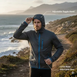 Illustration of the toggle-adjustable hood and cinch-waist hem on a men's windproof running jacket to seal out the cold.