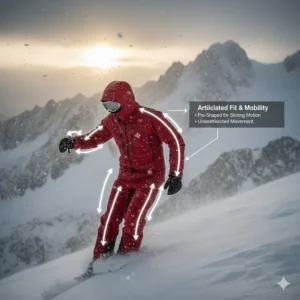 Ergonomic illustration showing the articulated fit and mobility of a premium insulated ski jacket for active mountain performance.