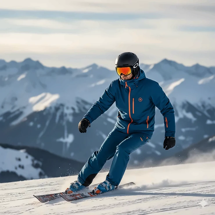 A person skiing down a snowy mountain wearing a high-performance budget ski jacket under $200.