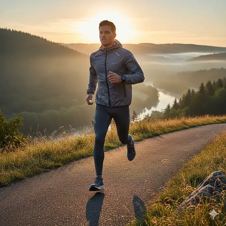 A runner wearing the best lightweight running jacket while sprinting on a scenic paved trail during sunrise.