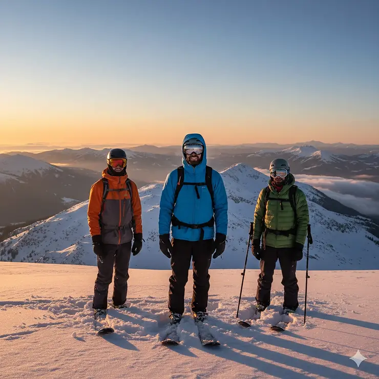 A group of male skiers wearing high-performance colorful ski jackets standing on a snowy mountain peak. best ski jackets for men