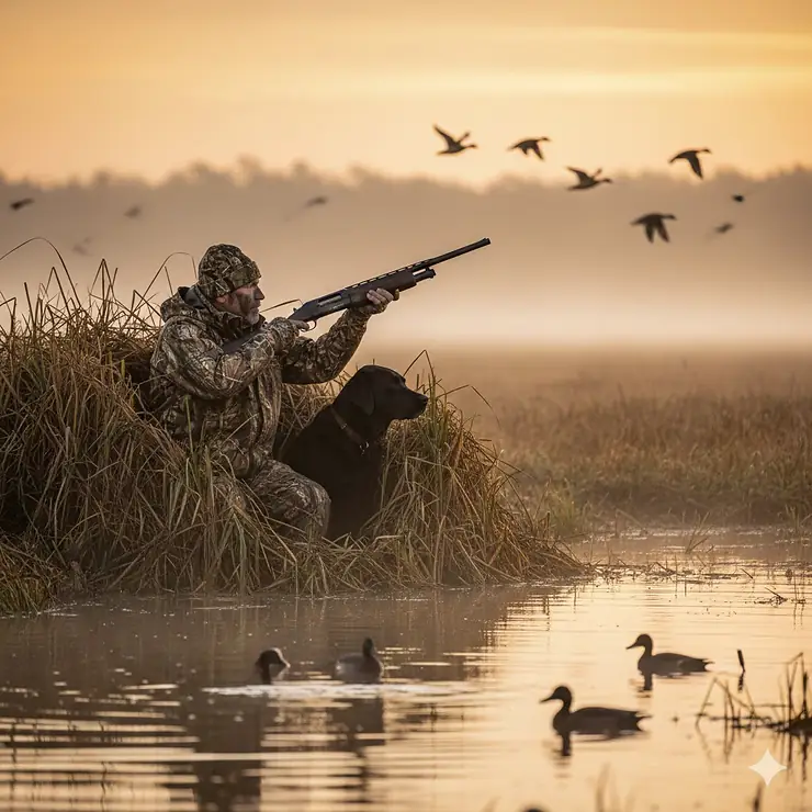 A hunter wearing a waterproof waterfowl hunting jacket in a marsh, holding a shotgun during sunrise.