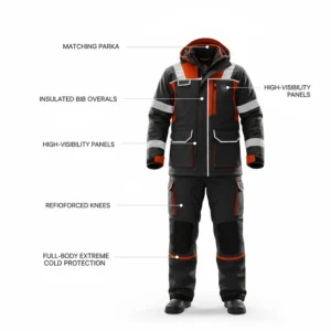 A full-body illustration of a matching bib and ice fishing jacket for extreme cold protection.
