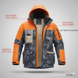 Illustration of an extreme cold weather hunting jacket with integrated high-visibility blaze orange panels.