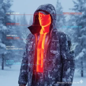 Heat map illustration showing how an extreme cold weather hunting jacket retains core body heat.