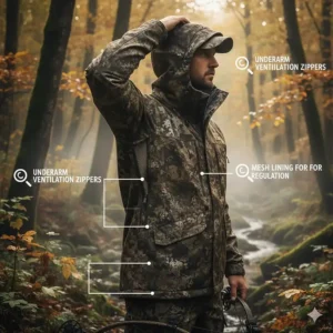 Illustration of underarm ventilation zippers on a breathable camo hunting jacket for temperature regulation.