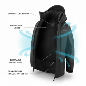Diagram showing zippered underarm vents for temperature regulation in extreme cold fishing gear.