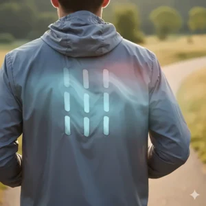 Illustration showing airflow through back vents of a lightweight running jacket to prevent overheating.