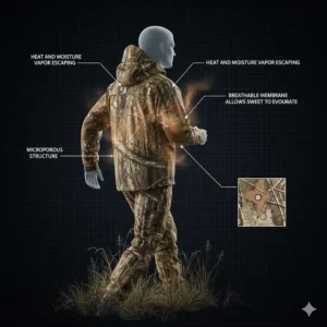 Illustration showing heat and moisture vapor escaping from a breathable waterfowl hunting jacket during active use.