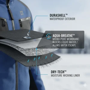 A technical diagram of a waterproof and breathable membrane used in high-end snowmobile jackets to prevent sweat buildup in freezing weather.