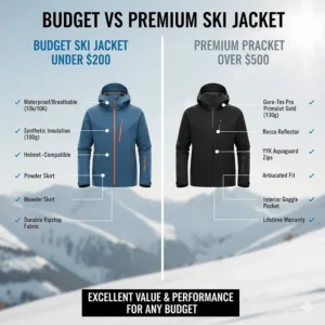 Infographic comparing premium features found in a budget ski jacket under $200 versus expensive brands.