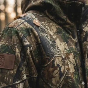 Detailed close-up of a high-definition forest camo pattern on a heavy-duty hunting jacket.