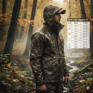 A size guide and fit illustration for a men's performance camo hunting jacket.