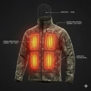 Diagram showing carbon fiber heating elements in the chest and back of a deer hunting jacket.