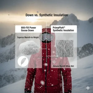 Infographic comparing natural down fill power and advanced synthetic insulation used in the warmest insulated ski jackets.