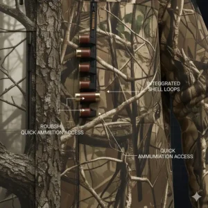 A waterfowl hunting jacket featuring integrated shell loops for quick ammunition access in the field.
