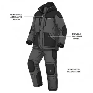 Illustration highlighting reinforced high-wear areas on a heavy-duty ice fishing jacket for extreme cold.